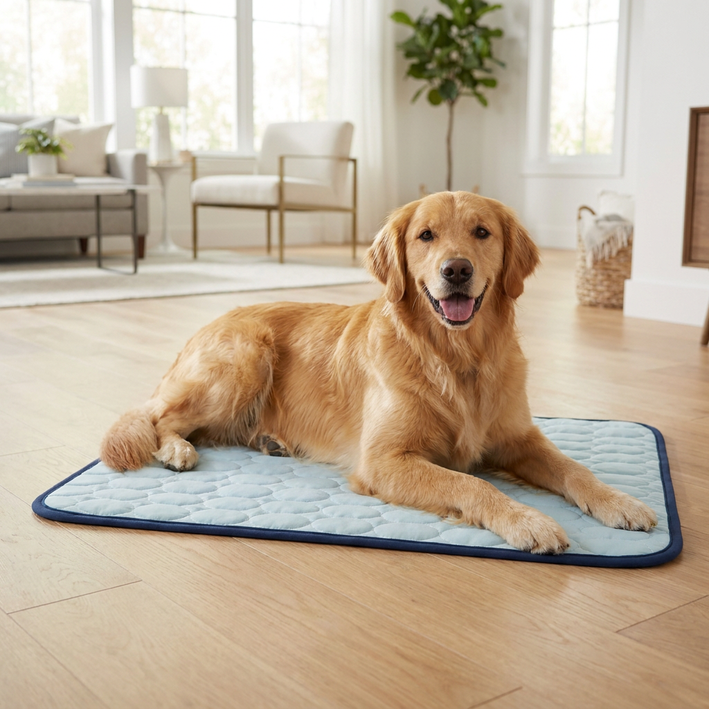 Dog resting on the glacier-blue pebble cooling mat
