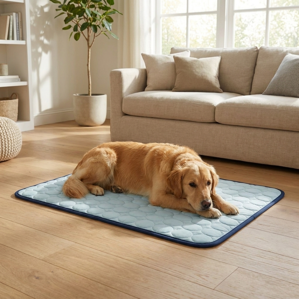 Calm dog resting on the cooling mat